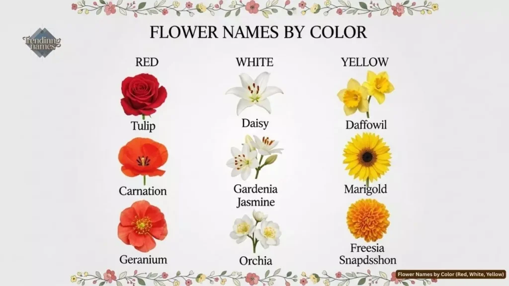 Flower Names by Color (Red, White, Yellow)